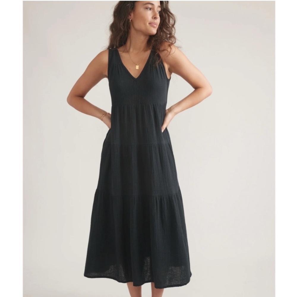 Marine Layer Womens Tiered Maxi Dress Size L Black Gauzy A-Line Shift Sleeveless